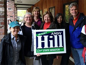 Doorbelling for Senator Hill. From left: Beth Sigall, Dawn McCravey, Betsy Cohen, Janet Suppes, (unknown), and Sen. Steve Litzow.